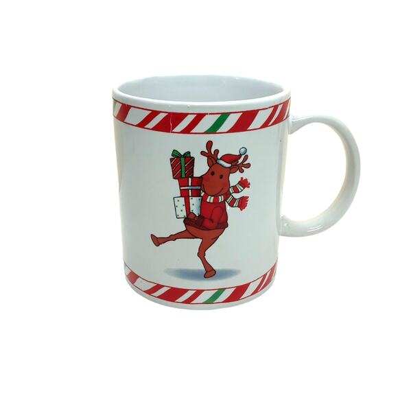 Vintage Christmas Reindeer Mug Candy Cane Stripe Holiday Coffee Cup Retro VTG - Picture 1 of 12